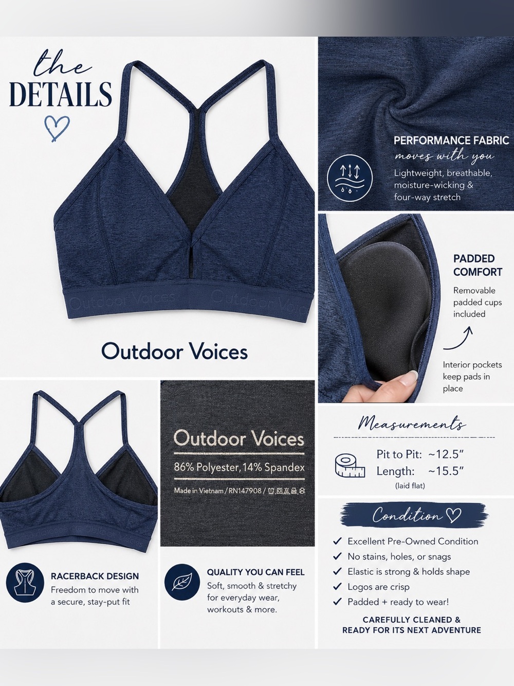 Outdoor Voices Racerback Sports Bra Heathered Navy Padded Sm low support CKB071 View 3